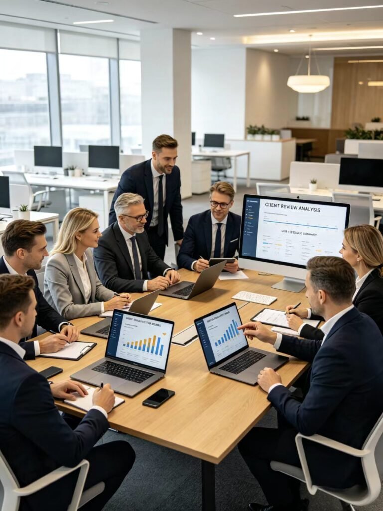 small business web design team discussing client feedback