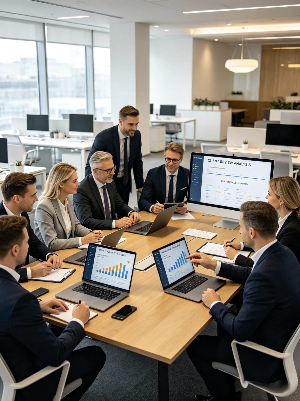 Web developers meeting to optimize website templates based on customer feedback, conference room with data charts on screen
