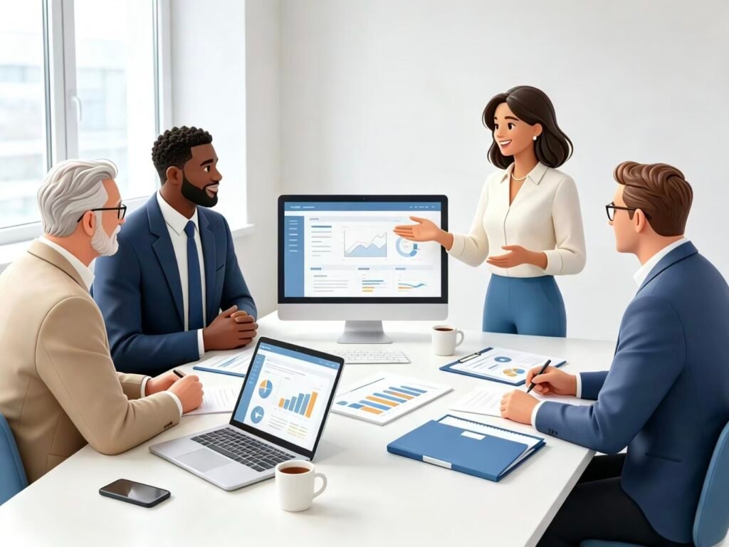 Professional web design team discussing project strategy with clients.